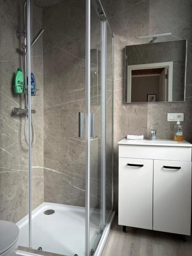 a bathroom with a shower and a toilet and a sink at cosy studio in Antwerp