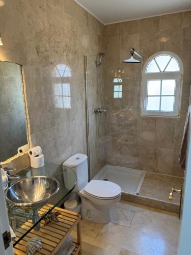 een badkamer met een douche, een toilet en een wastafel bij Private Solarium - Golf and Pool View - Las Ramblas 830 in Orihuela-Costa