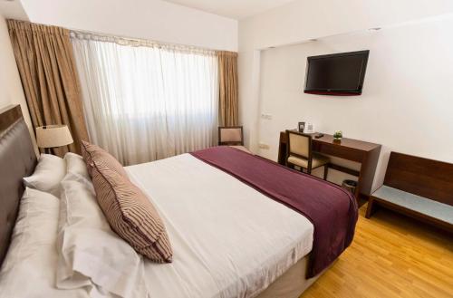 a bedroom with a bed and a desk and a television at Cyan Hotel de Las Americas in Buenos Aires