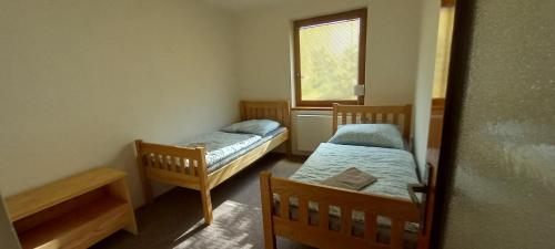 two beds in a small room with a window at Šumperák u řeky v Želivě in Želiv