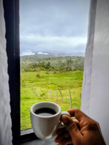 a person holding a cup of coffee in front of a window at Cabaña Amanecer in Icononzo