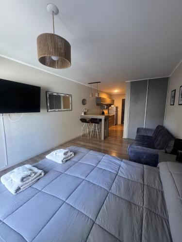 a living room with a large bed in the middle of a room at Apart Pm Casa de playa in Necochea