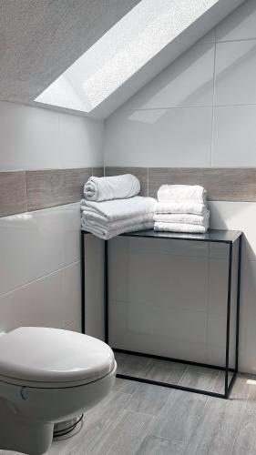 a bathroom with a toilet and towels on a shelf at O'Toole's, Plitvice in Korenica