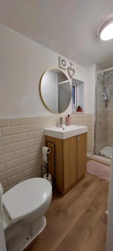 a bathroom with a toilet and a sink and a mirror at Liverpool Newington Stay in Liverpool