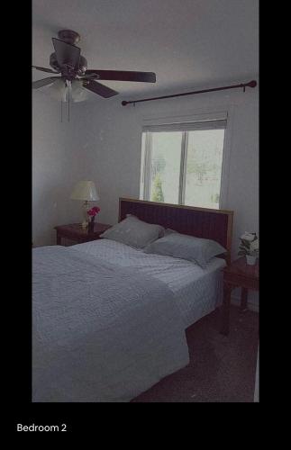 ein Schlafzimmer mit einem Bett, einem Deckenventilator und einem Fenster in der Unterkunft Mariam House in Chatham