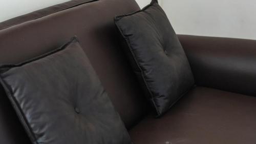 a brown couch with two pillows on it at Pousada Plenamar in Maragogi