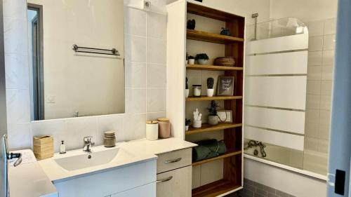 a bathroom with a sink and a mirror and a shower at Tête en l'air- Cocon Lumineux- Centre Muret- Parking et commodités in Muret