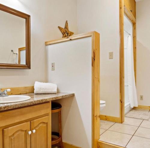 a bathroom with a sink and a mirror at Cedar Ridge in Mill Spring
