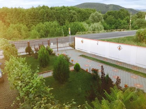 a garden with a road in the background at Vila La Izvor in Petreşti