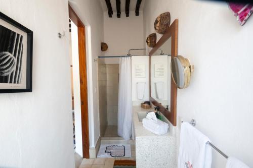 a bathroom with a shower and a mirror at Hotel Posada San Juan in Valladolid