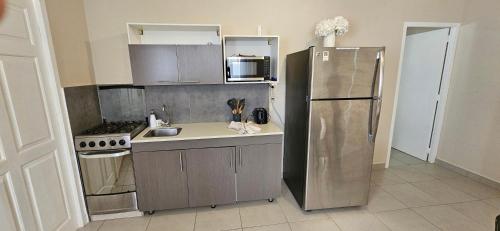 a small kitchen with a stainless steel refrigerator at Taminaka Apartamento Comfortable III in Paradijs