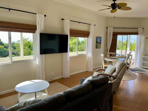 a living room with a couch and a flat screen tv at Avocado House in Naalehu