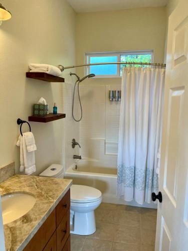 a bathroom with a tub and a toilet and a sink at Avocado House in Naalehu