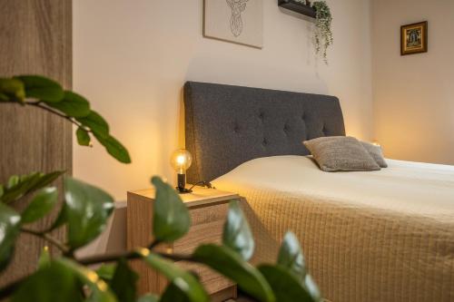 a bedroom with a bed with a pillow on it at Mátrai Kisház in Mátraszentimre