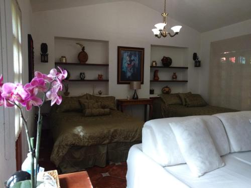 a living room with a couch and two beds at Casa d'Lobo Hotel Boutique in Malinalco