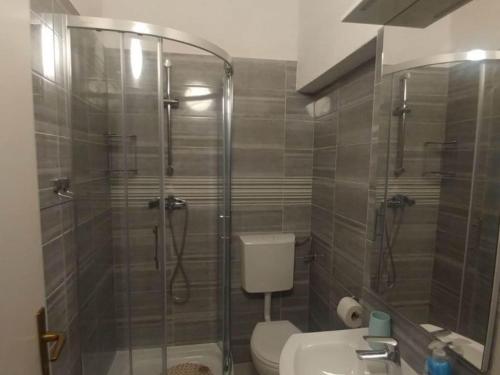 a bathroom with a shower and a toilet and a sink at Four Bedroom Holiday Home With Terrace & Sea View in Poljica