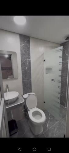 AmagáにあるHotel Meridian Plaza IIの白いトイレと洗面台のあるバスルーム