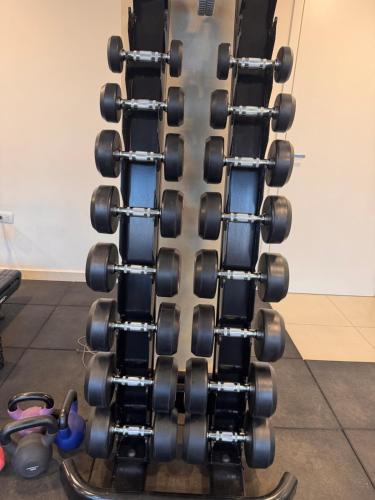 a gym rack with dumbbells on it at Central apartment in Asunción in Asuncion