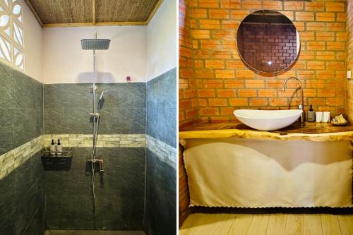 two pictures of a bathroom with a sink and a shower at Mekong Rustic Riverside in Ấp An Nhơn (3)