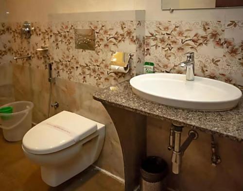 a bathroom with a toilet and a sink at Parasol Norling Hotel & Spa in Jāmb
