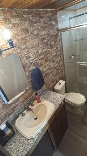 Un baño con lavabo, inodoro y espejo. en Nirvana, en Boquete