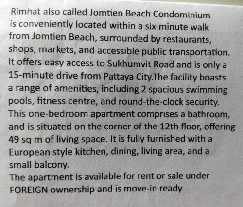 Jomtien Beach Condominium resort minimum stay 29 nights