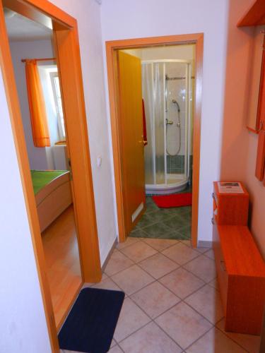 a room with a bathroom with a shower and a mirror at Gostilna Stara Pošta in Pucaie