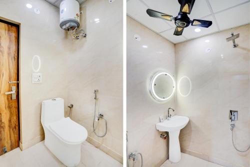 two pictures of a bathroom with a toilet and a sink at Super Collection O Karkardooma Court Metro Station Formerly Hotel Lotus in New Delhi