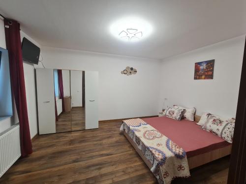 Un dormitorio con una cama y un televisor de pantalla plana. en Apartament Parc 1B, en Ploieşti