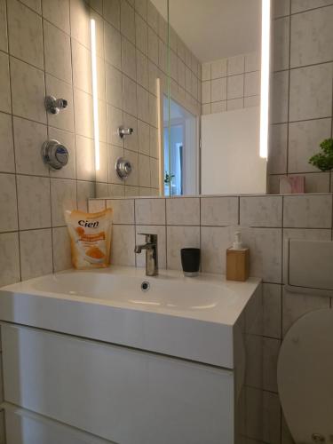 a bathroom with a sink and a mirror at Smartes Panorama City Apartment - Top Location! in Halle an der Saale
