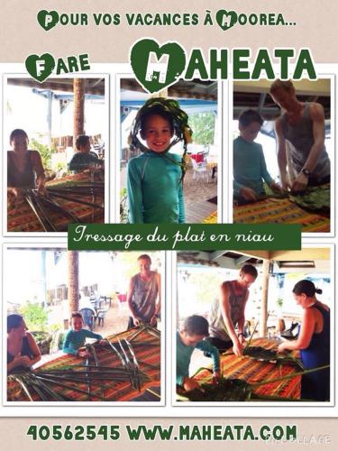 a collage of photos of a child and people at Fare Maheata in Pihaena