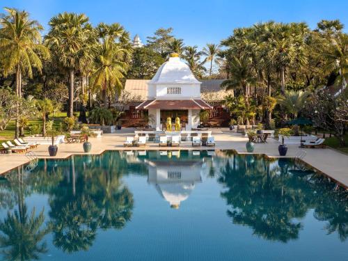 a view of the pool at the resort at Raffles Grand Hotel d'Angkor in Siem Reap