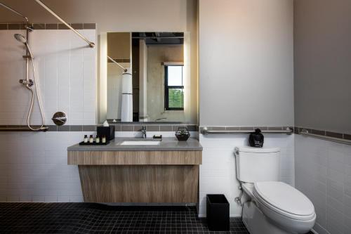 a bathroom with a toilet and a sink and a mirror at Hotel Nyack, a JdV by Hyatt Hotel in Nyack