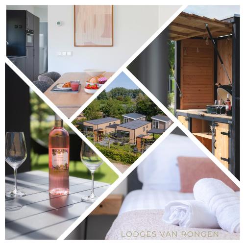 a collage of photos with a bottle of wine and glasses at Lodges van Rongen in Heinkensand