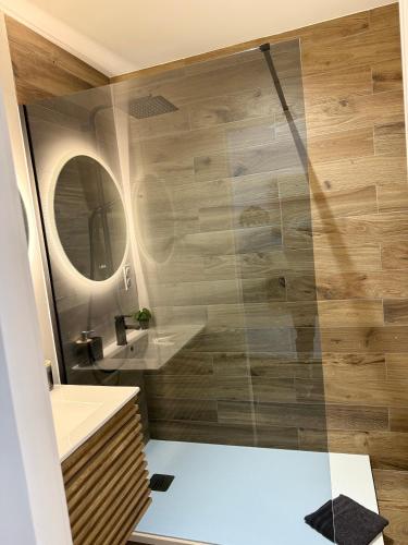 a bathroom with a shower with a sink and a mirror at Cocon Des Bois - Gex Genève Mijoux in Mijoux
