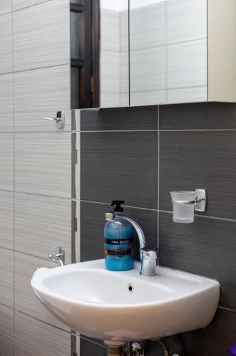 a bathroom sink with a blue bottle on it at Zeusplace Kallithea Park near Olympic Beach in Vromerí