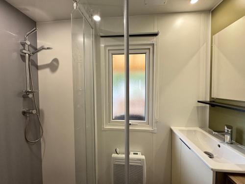 baño con ducha, lavabo y ventana en Mobil-home Bora camping les Embruns, en Lège-Cap-Ferret