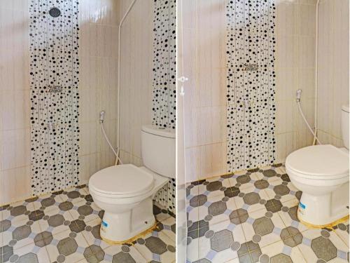 two pictures of a bathroom with a toilet and a shower at OYO 90945 Arizon Kost in Jambi