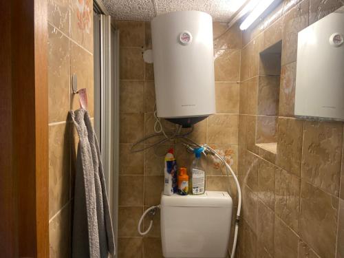 a bathroom with a toilet with a light above it at Mini Bungalow in Mainz