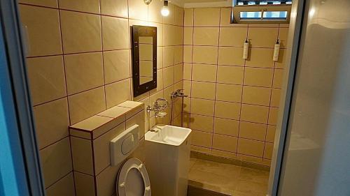 a bathroom with a sink and a toilet and a mirror at Chic and sunny downtown apartment in Braşov