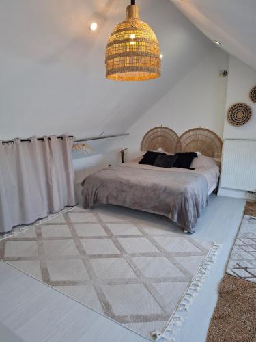 a bedroom with a bed and a chandelier at Maison bella secteur calme in Rouvroy