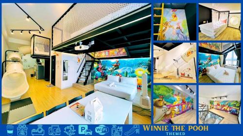 a collage of pictures of a living room with a room with a play room at Sunway GRID by SR Home in Kampong Pendas