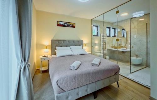 Un dormitorio con una cama y una ducha de cristal. en Villa Tia by Villas Guide, en Karlovac