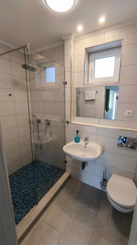 a bathroom with a shower with a sink and a toilet at Halzóna in Balatonszabadi