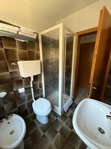 a bathroom with a toilet and a shower and a sink at Garnì Defrancesco in Campitello di Fassa