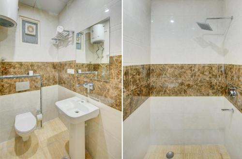 two pictures of a bathroom with a toilet and a sink at Smart Lax Hotel Free-Airport Pick Up in New Delhi