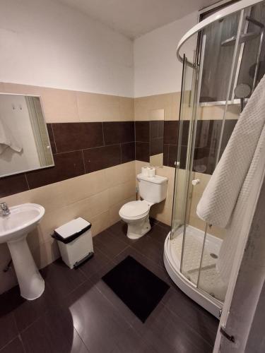 un bagno con wc, doccia e lavandino di Shopping Clinicas 9 pers Providencia Parking a Santiago