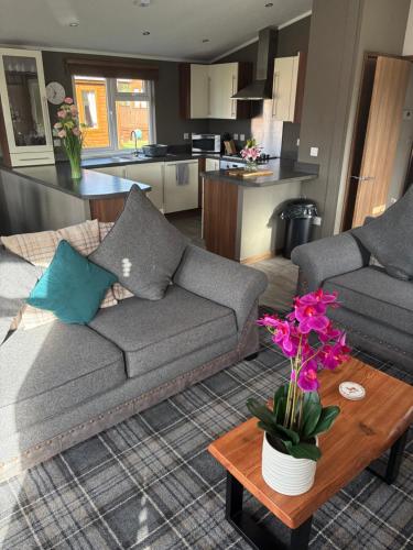 a living room with a couch and a table with flowers at Hepburns Lodge 19 in Strachan