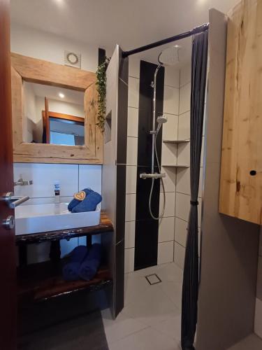 a bathroom with a sink and a shower at Panoramahof Gupf in Gröbming