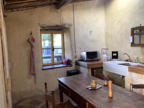 a kitchen with a table and a sink and a microwave at Un Mazet en famille dans le jardin in Saint-Hippolyte-du-Fort